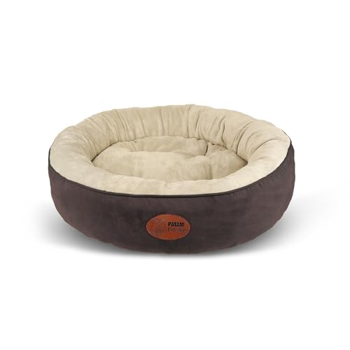 PATAM Hundebett für Hunde und Katzen, rund, mit gepolsterten Kanten, universell für alle Jahreszeiten, rutschfest, abnehmbar, maschinenwaschbar – Fufi Beige, Medium 61 cm von PATAM