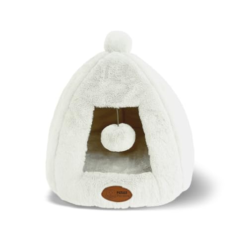 PATAM Hundehütte für Hunde und Katzen, rutschfest, aus weichem Plüschstoff, waschbar, Design mit Kugel, Igloo Cremeweiß, 43 x 43 x 43 cm von PATAM