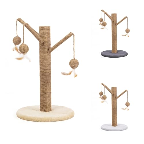 PATAM Kratzbaum aus Sisal mit Spielbällen - Stabiler Boden und einfache Montage - Höhe 56 cm Happy Tree Beige von PATAM