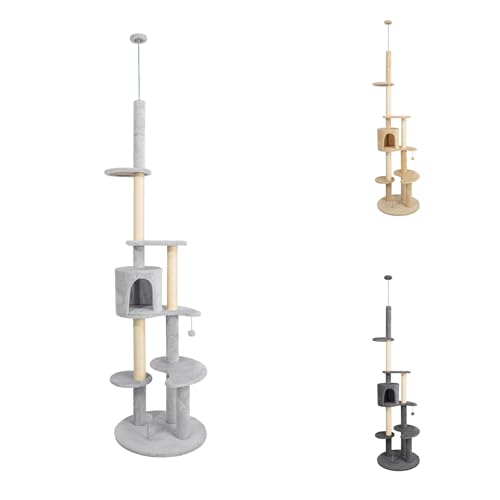 PATAM Kratzbaum für Katzen aus Natursisal mit Plüschhütte, einfache Montage und Kippschutzgurt - Höhe 246 cm Sky Hellgrau von PATAM