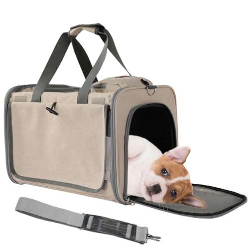 Patazone Tragetasche für kleine Hunde, weiche Seiten, für mittelgroße und große Katzen, große Tasche, atmungsaktiv, Sonnenschutz, Haustier-Tragetasche, Outdoor, Reisen, Kätzchen, Zwinger (Khaki) von PATAZONE