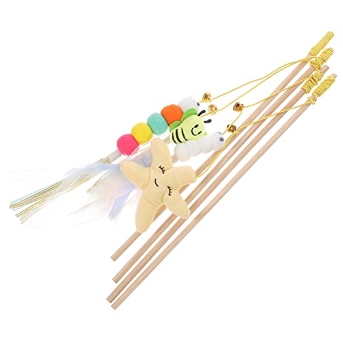 PATKAW 4 Stück Katze Lustiges Stick-katzenspielzeug Kätzchen-Fische-Teaser Kätzchen-Spielzeug-Geschenk Interaktives Katzenspielzeug Hühnerspielzeug Katze Necken Haustier Hölzern Angelrute von PATKAW