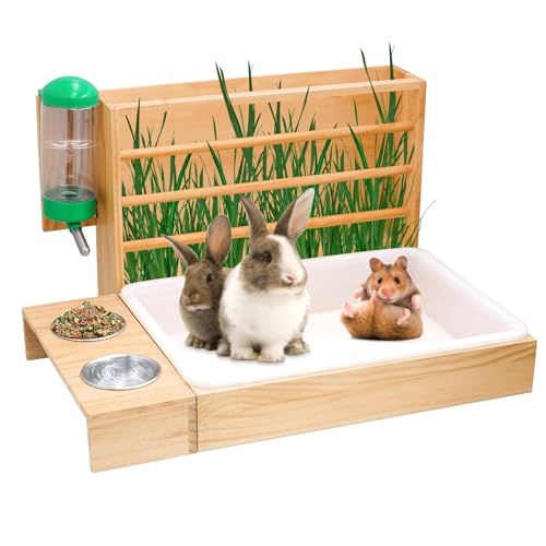 Kaninchen-Heu-Futterstation mit Katzentoilette, 4-in-1 Hölzerner Hasen-Heu-Futterspender Toilette kombiniert mit Katzentoilette, Pfanne, entworfen für Kaninchen, kleine Haustiere, Meerschweinchen, von PAULOZYN