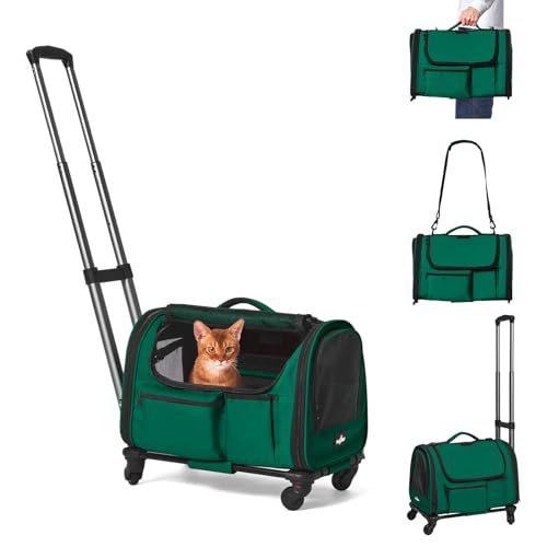 Paw Ballet Katzentrage mit Rollen, faltbar, von Fluggesellschaften zugelassen, für Hunde und Katzen, mit Rollen für Katzen unter 9 kg, Rollende Katzentragetasche, Reisetasche mit Teleskopgriff für von PAW BALLET