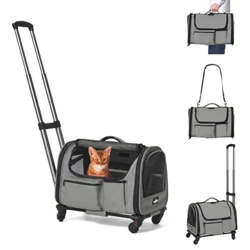 Paw Ballet Katzentrage mit Rollen, faltbar, von Fluggesellschaften zugelassen, für Hunde und Katzen, mit Rollen für Katzen unter 9 kg, Rollende Katzentragetasche, Reisetasche mit Teleskopgriff für von PAW BALLET