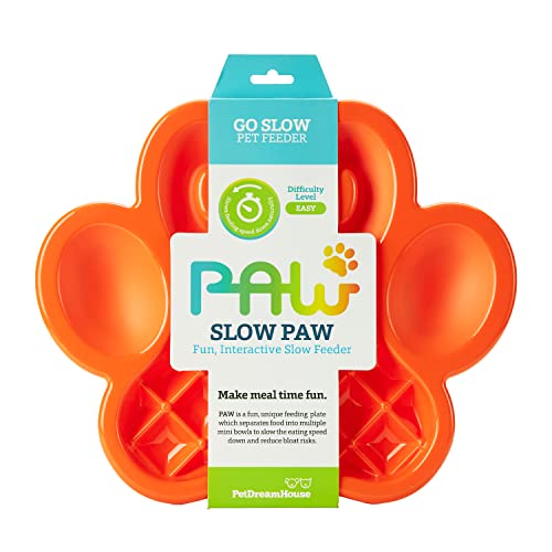 PetDreamHouse Paw Feeder Interaktiver Futternapf für Hunde, Welpen oder Katzen, Teller für Leckerlis, Kontrolle des schnellen Fressens, Anti-Blähen, Orange von PetDreamHouse