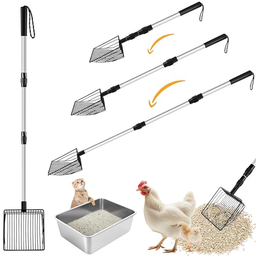 3 in 1 Ausziehbare Hühnerkotschaufel, Metall Langer Griff Pooper Scooper für Hühnerstall, Hühnerstall Zubehör, Edelstahl Streuschaufel, Katzenstreu Schaufel, Heavy Duty & Antihaft Schaufel von PAWARDO