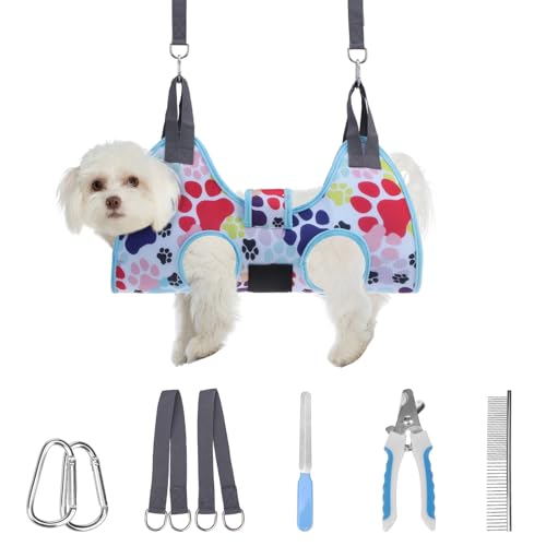 PAWCHIE Hundepflege-Hängematte, kleiner Hundegeschirrhalter zum Aufhängen von Nägeln, Haustier-Aufhänger, Schlinge, Fesseltasche für Katzen, Welpen, mit dickem Stoff, Halsstütze, breiter Gurt, von PAWCHIE