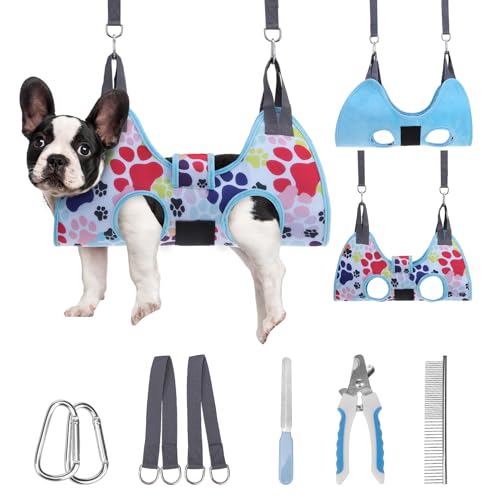 PAWCHIE Hundepflege-Hängematte, kleiner Hundegeschirrhalter zum Aufhängen von Nägeln, Haustier-Aufhänger, Schlinge, Fesseltasche für Katzen, Welpen, mit dickem Stoff, Halsstütze, breiter Gurt, von PAWCHIE