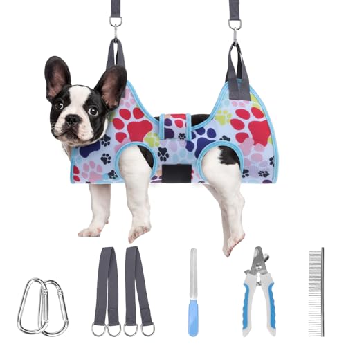 PAWCHIE Hundepflege-Hängematte, kleiner Hundegeschirrhalter zum Aufhängen von Nägeln, Haustier-Aufhänger, Schlinge, Fesseltasche für Katzen, Welpen, mit dickem Stoff, Halsstütze, breiter Gurt, von PAWCHIE