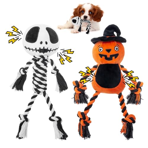 PAWCHIE Hundespielzeug für Halloween, quietschendes Kauspielzeug, interaktives Welpenspielzeug, Plüsch-Kürbis und Totenkopf-Haustier-Seilspielzeug, Halloween-Hundegeschenke für kleine, mittelgroße von PAWCHIE