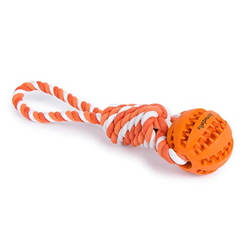 PAWDY Hundeseil mit Ball für Spielspaß und Zahnpflege - Robustes Hundespielzeug für mittlere & große Hunde - Kauspielzeug mit Noppen aus Naturkautschuk - Ball Seil Wurfspielzeug für Hunde (orange) von PAWDY