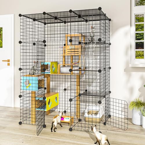 PAWING Großes Katzengehege – DIY Catio ideal für 1-3 Katzen, drinnen & draußen, abnehmbarer Metalldraht-Zwinger, 2x3x4 Übungsplatz von PAWING