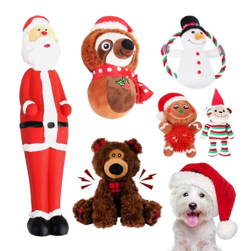 PAWISE Hundespielzeug für Weihnachten, robust, Plüsch, quietschend, langlebig, Stofftiere, Geschenk für kleine, mittelgroße und große Hunde, 6 Stück von PAWISE