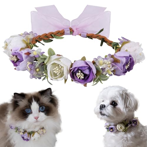 PAWLARISPETS Haustier-Hochzeits-Blumenhalsband, Hunde-Hochzeitskleidung, Kranz, Schleife, violette Katzenkrone mit verstellbarem Band für Hunde, Katzen, Welpen, Hasen für Hochzeitszeremonie, Party, von PAWLARISPETS