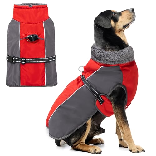 PAWNISAW Hunde-Wintermantel für große mittelgroße kleine Hunde, winddichte warme Fleece-Hundejacke mit Geschirr für Spaziergänge im Freien, reflektierend, verstellbar, Schnee, Regen, kaltes Wetter, von PAWNISAW