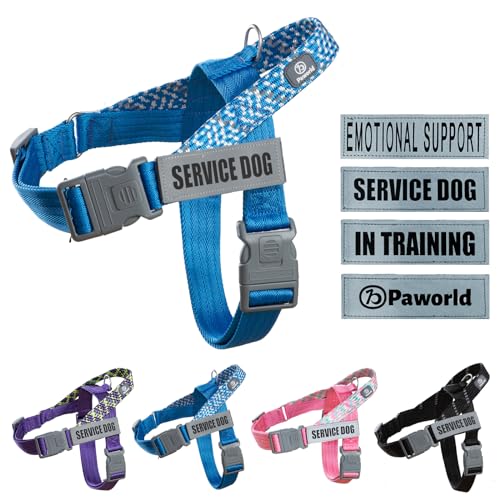 Paworld Hundegeschirr, Diensthundegeschirr, Norwegergeschirr Hund, Sicherheitsgeschirr mit 4 reflektierenden Aufnähern, Verstellbar, Griff, für Spaziergänge, Training und Laufen (Blau, S) von PAWORLD