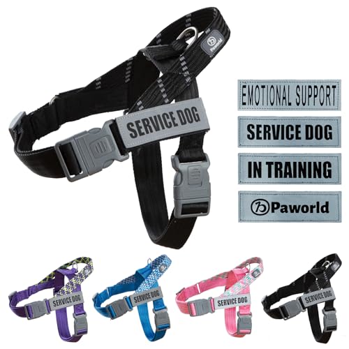 Paworld Hundegeschirr, Diensthundegeschirr, Norwegergeschirr Hund, Sicherheitsgeschirr mit 4 reflektierenden Aufnähern, Verstellbar, Griff, für Spaziergänge, Training und Laufen (Schwarz, L) von PAWORLD