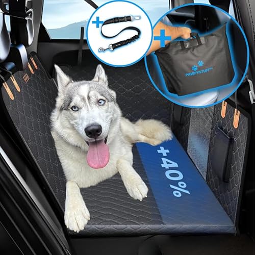 CozyRider™ Rücksitzverlängerung für Hunde, wasserdicht, kratzfest, harte Unterseite, langlebig, für SUVs, LKWs und Autos, inklusive Sicherheitsgurt und Tragetasche (Schwarz/Grau) von PAWPYSTUFF