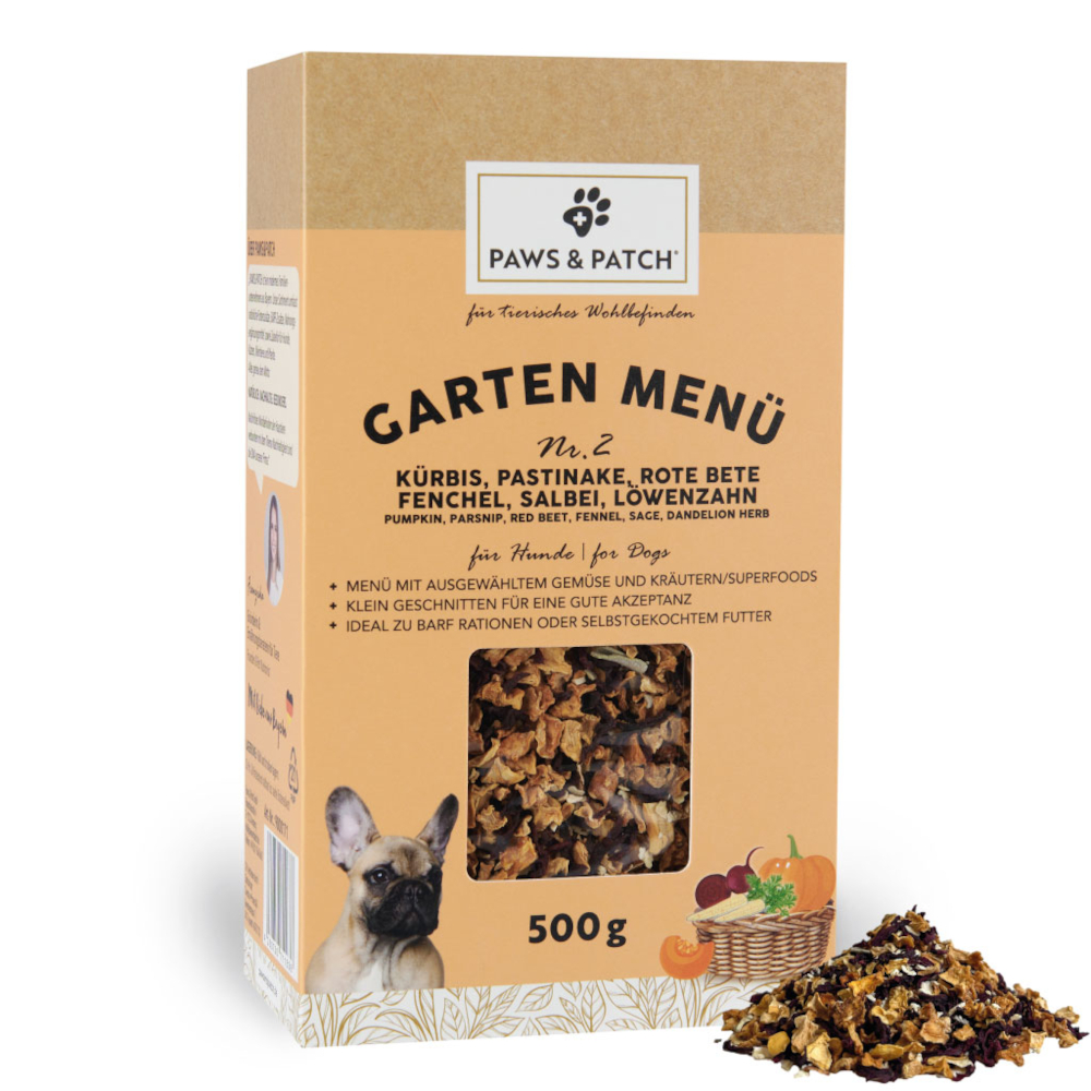 PAWS & PATCH Garten Menü für Hunde - Nr. 2: Kürbis, Pastinake, Rote Bete, Fenchel, Salbei, Löwenzahn (500 g) von PAWS & PATCH