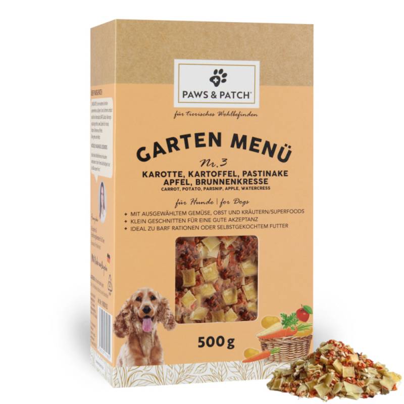 PAWS & PATCH Garten Menü für Hunde - Nr. 3: Karotte, Kartoffel, Pastinake, Apfel, Brunnenkresse (500 g) von PAWS & PATCH