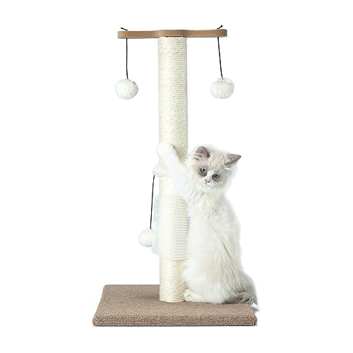 PAWSFANS Kratzbaum für Katzen, Sisal, vertikal, für Katzen und Kätzchen, drei hängende Bälle und selbstpflegende Bürste, 66 cm, Beige von PAWSFANS