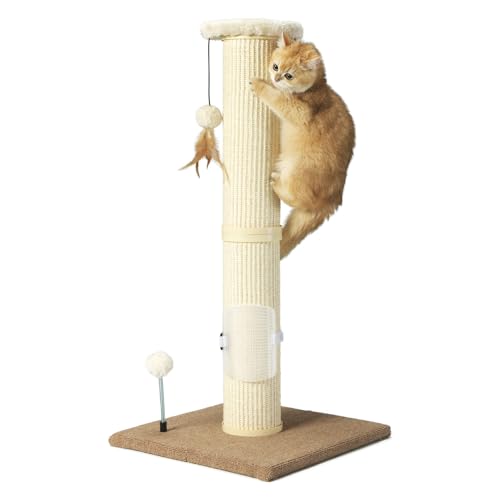 PAWSFANS Kratzbaum für ausgewachsene Katzen, 86,4 cm hoch, Premium-Sisal-Kratzbäume mit hängendem Spielzeug des Vogels, Selbstmassagebürste, großer vertikaler Kratzbaum, Beige von PAWSFANS