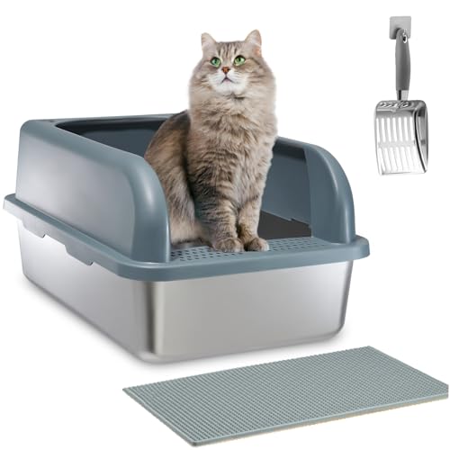 Geschlossene Katzentoilette aus Edelstahl, verbesserte XXL extra große Katzentoilette für große Katzen, Metall-Katzentoilette hochseitig, einfache Reinigung, inklusive Streuschaufel (mit Katzenmatte) von PAWSTATION