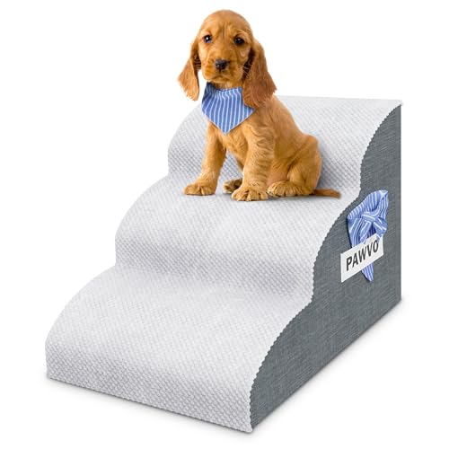 PAWVO Hundetreppe für kleine Hunde, 3-stufige Hunderampe für Bett für Couch mit elastischem Seitengriff, abnehmbarer und waschbarer Bezug, stilvolles Bandana – Haustierrampe für Katzen, kleine Hunde von PAWVO