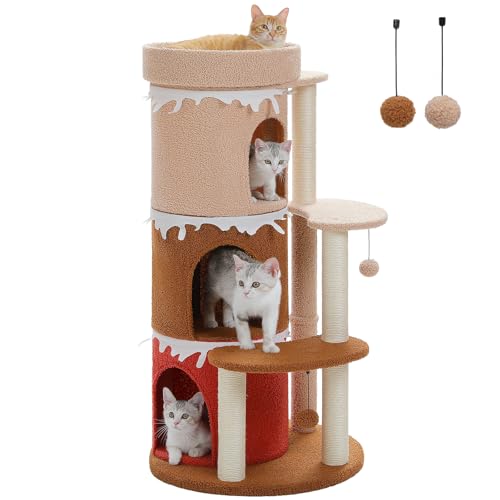 PAWZ Road 109 cm Kratzbaum Turm für große Indoor-Katzen, Katzenbett Haus mit 3 geräumigen Höhlen und Sisalüberzogenen Kratzstämmen, Braun von PAWZ Road