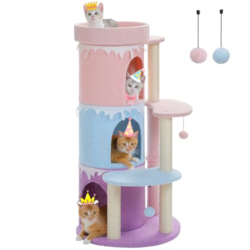 PAWZ Road 109 cm Kratzbaum Turm für große Indoor-Katzen, Katzenbett Haus mit 3 geräumigen Höhlen und Sisalüberzogenen Kratzstämmen, Rosa von PAWZ Road