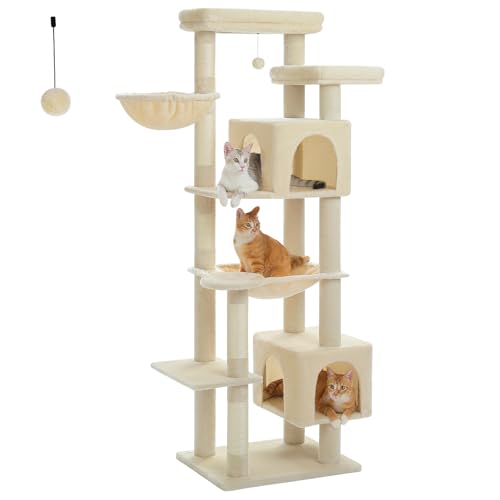 PAWZ Road Großer Katzenbaum, 175 cm mehrstufiger Katzenturm, Katzenbaum für große Katzen, Aktivitätszentrum mit 5 Sisal-Kratzstämmen, 2 Höhlen, Korb, Hängematte und Plüsch-Sitzstangen - Beige von PAWZ Road