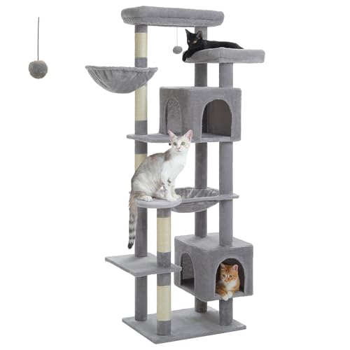 PAWZ Road Großer Kratzbaum, 175 cm mehrstöckiger Kratzturm, Katzenturm für große Katzen, Katzenhaus mit 5 Sisal-Kratzsäulen, 2 Katzentoiletten, Korb, Hängematte und Plüsch-Sitzstangen Grau von PAWZ Road