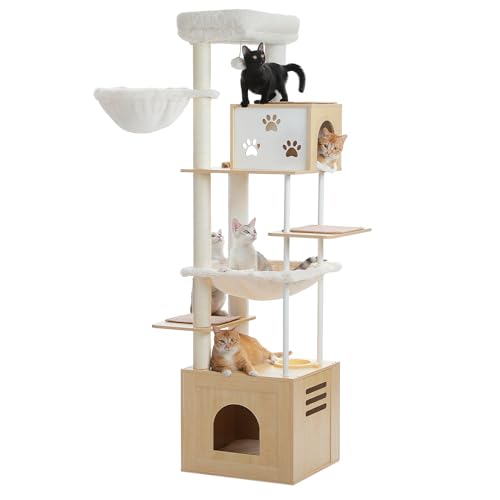 PAWZ Road 190cm Großer Kratzbaum mit Futterplatz, Holz mit extra großen Kondos und Hängematten, geräumige Sitzstange, Sisal- und Stahlpfosten, Kratzmatte für große Wohnung Beige von PAWZ Road