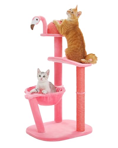 PAWZ Road Flamingo Kleiner Kratzbaum für kleine bis mittelgroße Katzen, Kätzchenturm mit großer Hängematte und Sitzstange, kreative Kratzbäume, Rosa Katzenbaum 87 cm von PAWZ Road