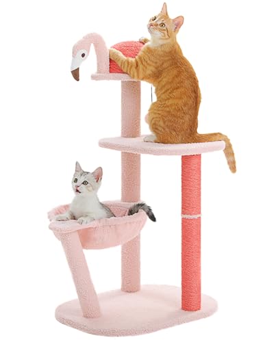 PAWZ Road Flamingo Kleiner Kratzbaum für kleine bis mittelgroße Katzen, Kätzchenturm mit großer Hängematte und Sitzstange, kreative Kratzbäume, Hellrosa Katzenbaum 87 cm von PAWZ Road