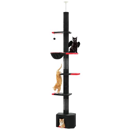 PAWZ Road Gothic-Katzenbaum, vom Boden bis zur Decke, höhenverstellbar (220 - 308 cm), 5 Ebenen, schwarze Katzenhütte mit gemütlicher Hängematte, vollständig Kratzbäumen und baumelnden Bällen für von PAWZ Road