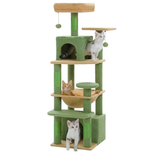 PAWZ Road Großer Katzenbaum, 136 cm Katzenturm für große Katzen, Katzenhaus mit Sisalüberzogenen Kratzbäumen und Pads, 2 gepolsterte Sitzstangen, Doppelkabinen und Korb für Indoor-Katzen, Grün von PAWZ Road