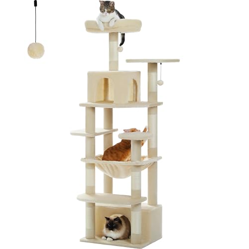 PAWZ Road Großer Katzenbaum, 164 cm Katzenturm für große Katzen, Katzenhaus mit Sisalüberzogenen Kratzbäumen und Pads, 2 gepolsterte Sitzstangen, Doppelkabinen und Korb für Indoor-Katzen, Beige von PAWZ Road