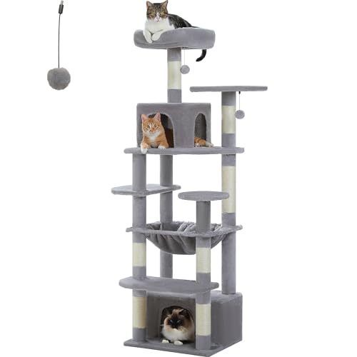 PAWZ Road Großer Katzenbaum, 164 cm Katzenturm für große Katzen, Katzenhaus mit Sisalüberzogenen Kratzbäumen und Pads, 2 gepolsterte Sitzstangen, Doppelkabinen und Korb für Indoor-Katzen, Grau von PAWZ Road