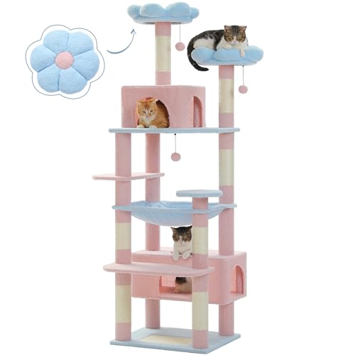 PAWZ Road Großer Katzenbaum, 182 cm Katzenturm für große Katzen, Katzenhaus mit Sisalüberzogenen Kratzbäumen und Pads, 2 gepolsterte Sitzstangen, Doppelkabinen und Korb für Indoor-Katzen, Blau von PAWZ Road