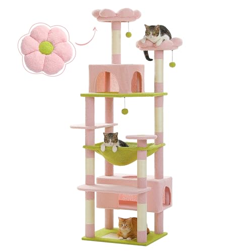 PAWZ Road Großer Katzenbaum, 182 cm Katzenturm für große Katzen, Katzenhaus mit Sisalüberzogenen Kratzbäumen und Pads, 2 gepolsterte Sitzstangen, Doppelkabinen und Korb für Indoor-Katzen, Rosa von PAWZ Road