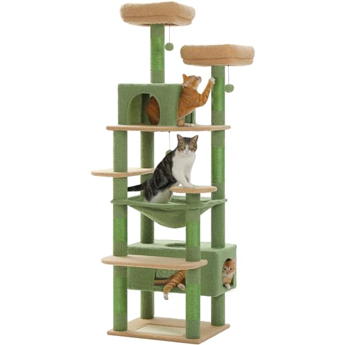 PAWZ Road Großer Katzenbaum, 182 cm Katzenturm für große Katzen, Katzenhaus mit Sisalüberzogenen Kratzbäumen und Pads, 2 gepolsterte Sitzstangen, Doppelkabinen und Korb für Indoor-Katzen,Grün von PAWZ Road