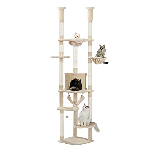 PAWZ Road Großer Katzenbaum 236-258cm, Katzenturm für große Katzen, Katzenhaus mit Sisalüberzogenen Kratzbäumen und Pads, 2 gepolsterte Sitzstangen, Doppelkondo und Korb für Indoor-Katzen-Beige von PAWZ Road