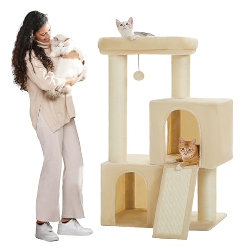 PAWZ Road Großer Kratzbaum, 11 cm Dicke Stämme mit extrem großer Doppelhöhle, vollständig mit Fisal bedeckt, geeignet für große Katzen, 114 cm hoch, Beige von PAWZ Road