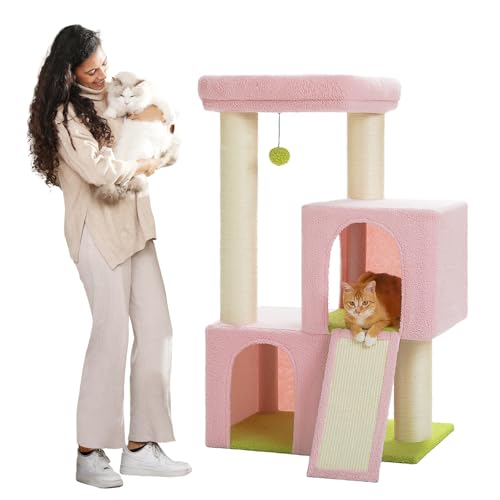 PAWZ Road Großer Kratzbaum, 11 cm dicke Stämme mit extrem großer Doppelhöhle, vollständig mit Fisal bedeckt, geeignet für große Katzen, 114 cm hoch, Rosa von PAWZ Road