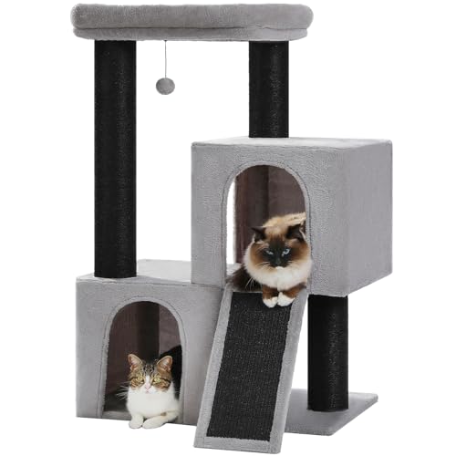 PAWZ Road [Made in EU] Großer Kratzbaum, 11 cm Dicke Stämme mit extrem großer Doppelhöhle, vollständig mit Fisal bedeckt, geeignet für große Katzen, 114 cm hoch, Schwarz Grau von PAWZ Road