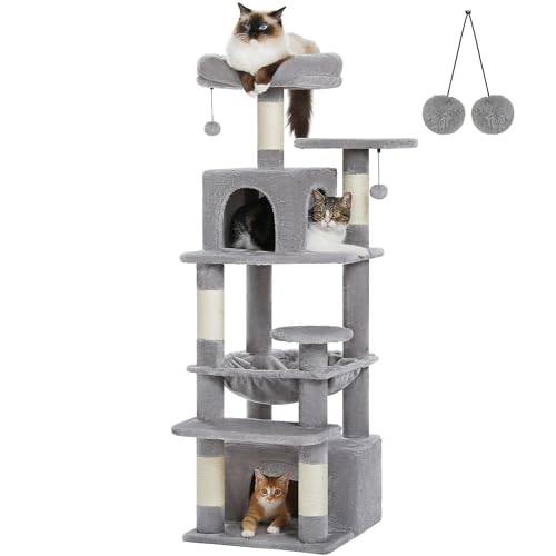 PAWZ Road Großer Kratzbaum, 136 cm Katzenturm für große Katzen, Katzenhaus mit Sisal-bezogenen Kratzbäumen und Polstern, 2 gepolsterten Sitzstangen, Doppelhaus und Korb für Hauskatzen – grau, klein von PAWZ Road