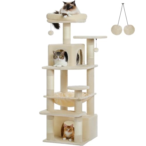 PAWZ Road Großer Kratzbaum, 136 cm großer Katzenturm für große Katzen, Katzenhaus mit Sisal-bezogenen Kratzbäumen und Polstern, 2 gepolsterten Sitzstangen, Doppelhaus und Korb für Hauskatzen – Beige von PAWZ Road