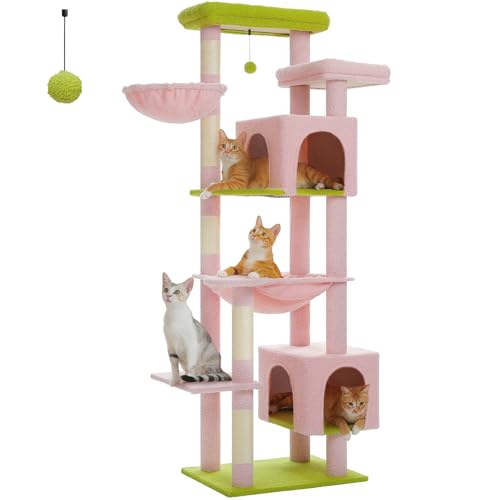 PAWZ Road Großer Kratzbaum, 175 cm mehrstöckiger Kratzturm, Katzenturm für große Katzen, Katzenhaus mit 5 Sisal-Kratzsäulen, 2 Katzentoiletten, Korb, Hängematte und Plüsch-Sitzstangen Rosa von PAWZ Road